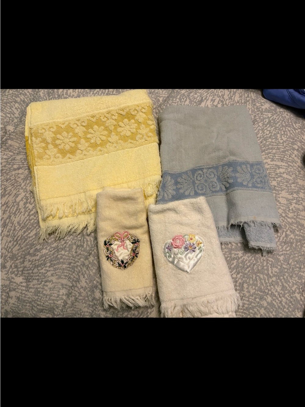 4 Vintage Cannon style Patterned yellow blue Bath hand Towels embroidered